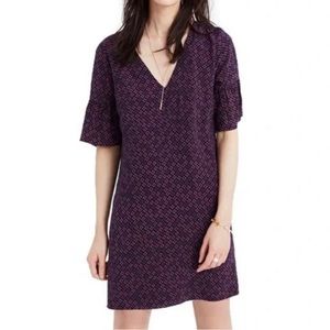 Madewell “Silk Bell Sleeve V Neck Mini Shift Dress in Painted Clover”